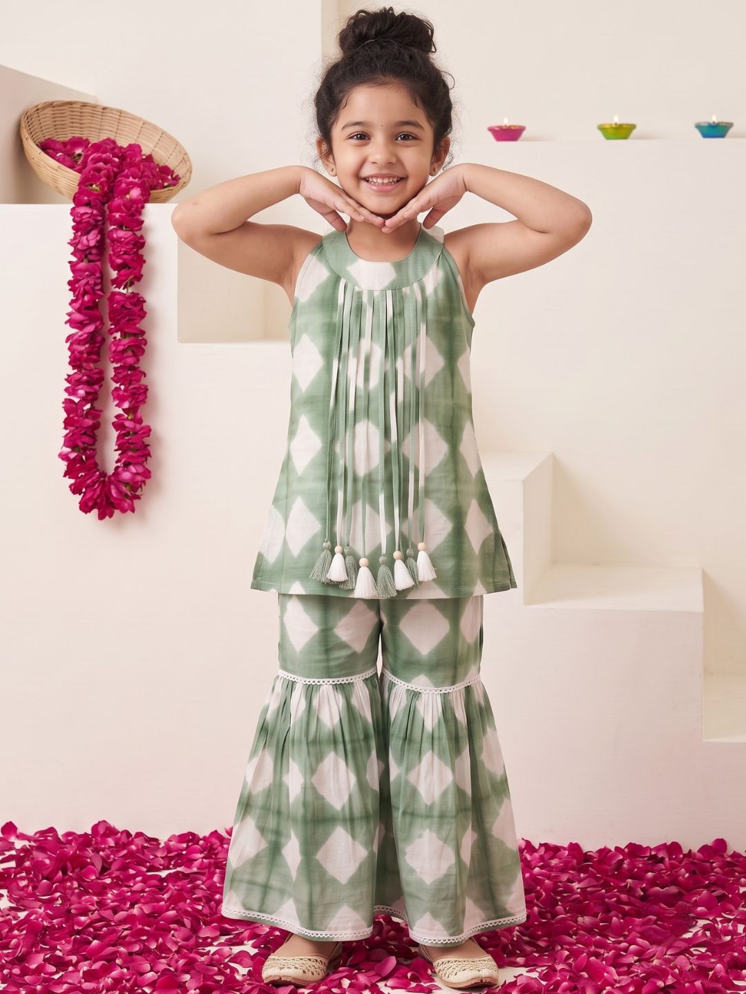 Green Shibori Print with Front Dori and Tassels Pure Cotton Girls Suit Set
