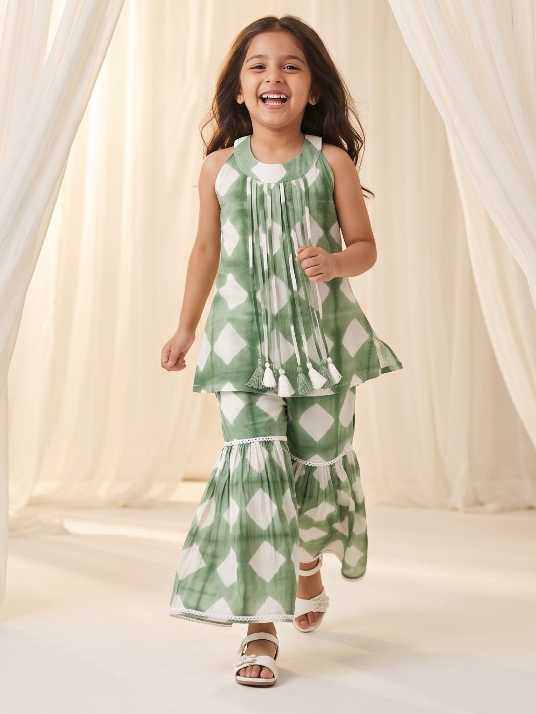 AJ Dezines Green Shibori Print with Front Dori and Tassels Pure Cotton Girls Suit Set