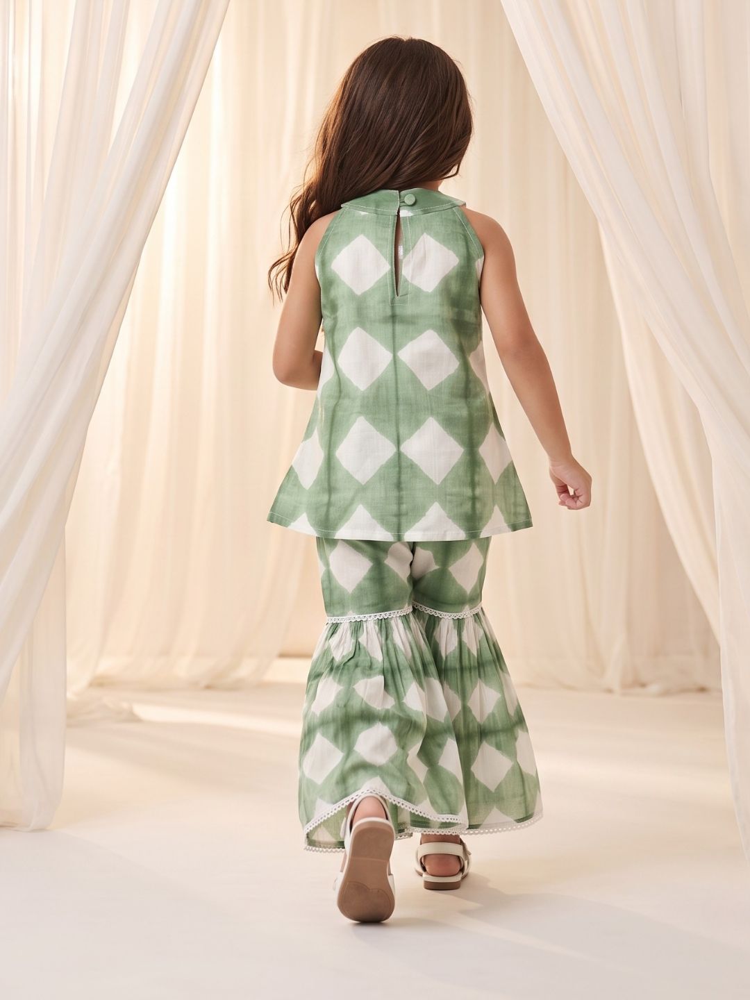 AJ Dezines Green Shibori Print with Front Dori and Tassels Pure Cotton Girls Suit Set