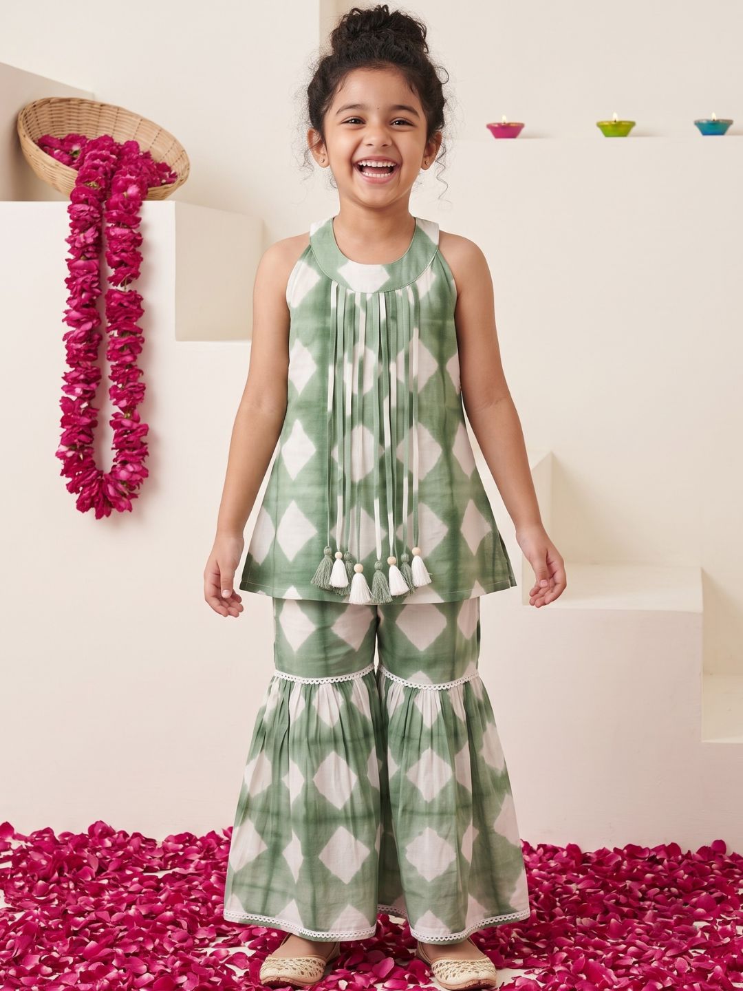 Green Shibori Print with Front Dori and Tassels Pure Cotton Girls Suit Set