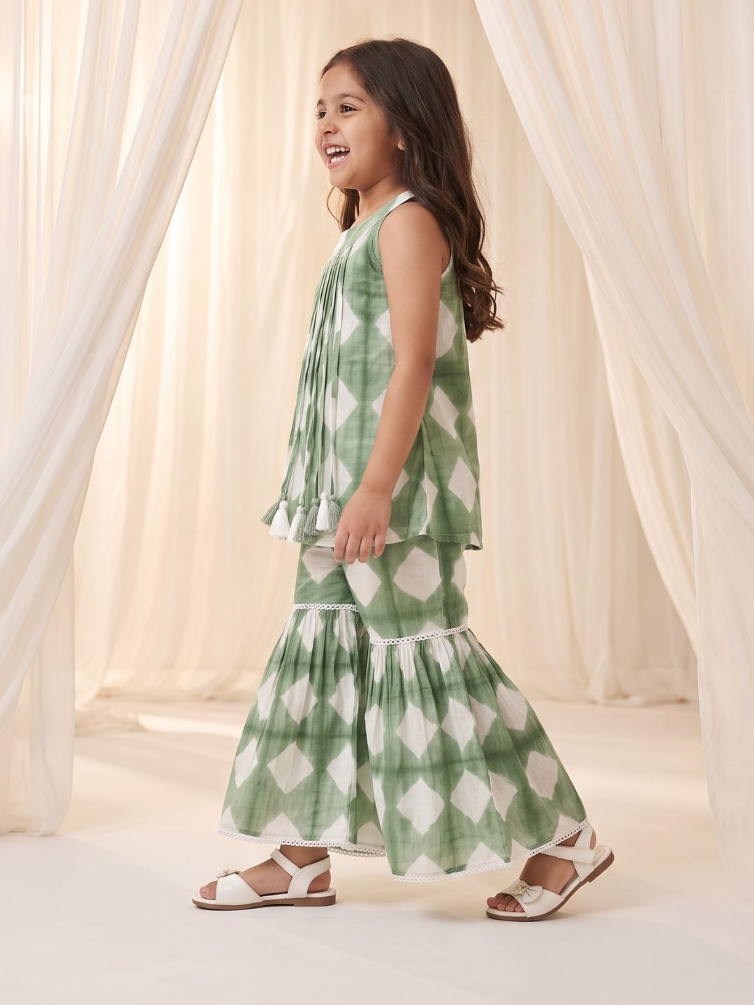 AJ Dezines Green Shibori Print with Front Dori and Tassels Pure Cotton Girls Suit Set