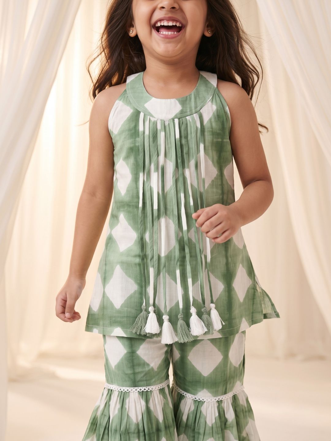 AJ Dezines Green Shibori Print with Front Dori and Tassels Pure Cotton Girls Suit Set