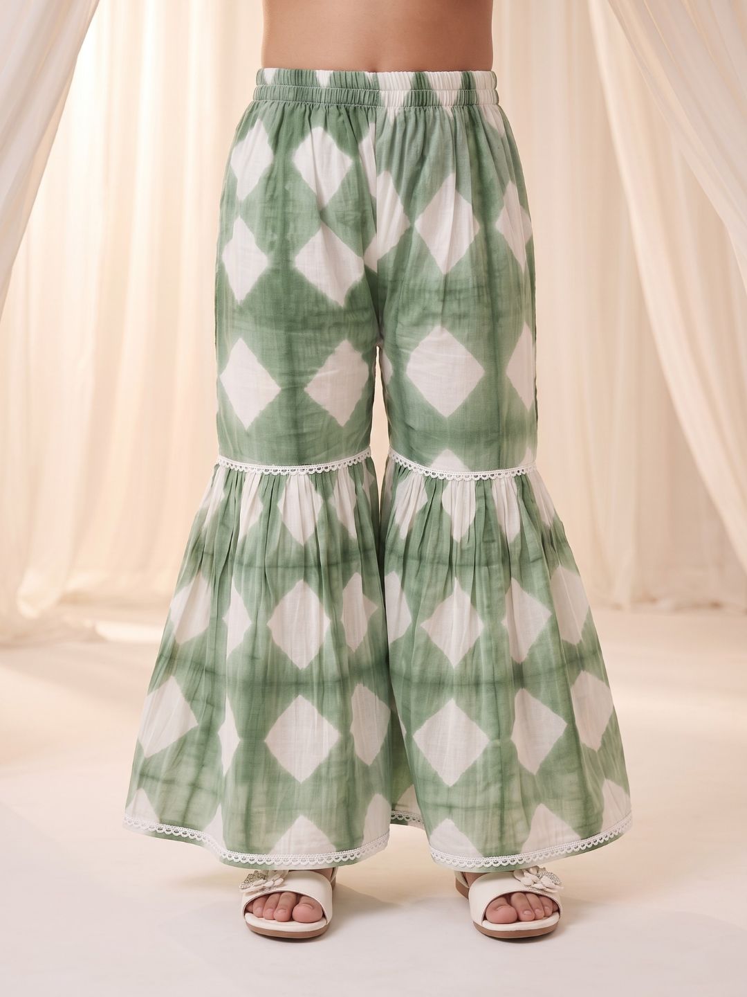 AJ Dezines Green Shibori Print with Front Dori and Tassels Pure Cotton Girls Suit Set