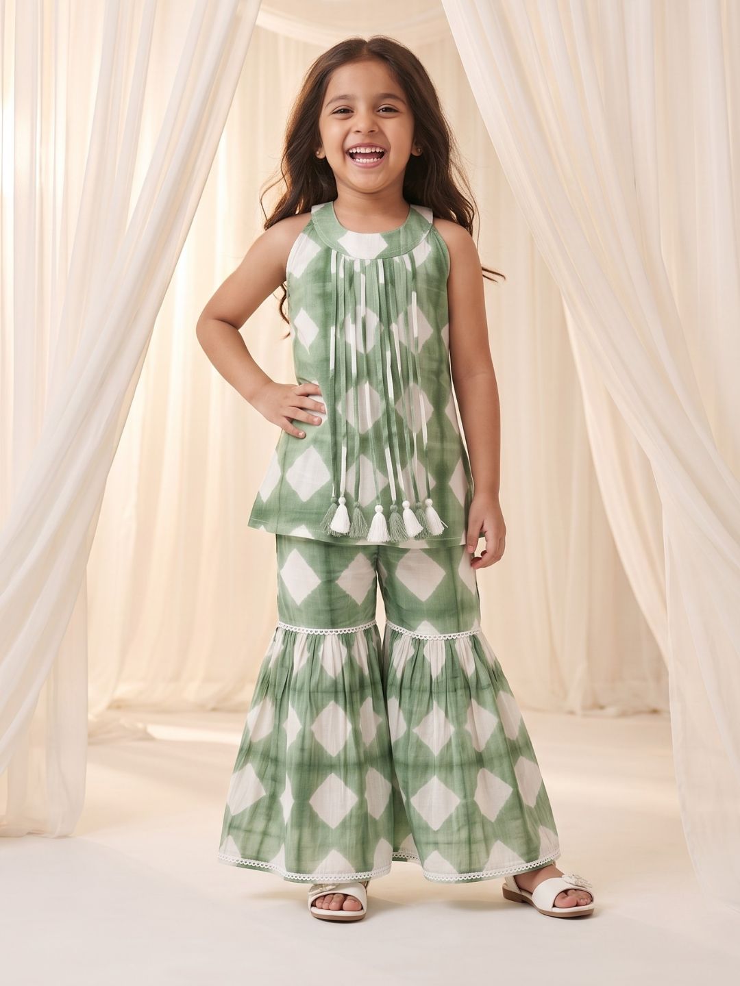 AJ Dezines Green Shibori Print with Front Dori and Tassels Pure Cotton Girls Suit Set