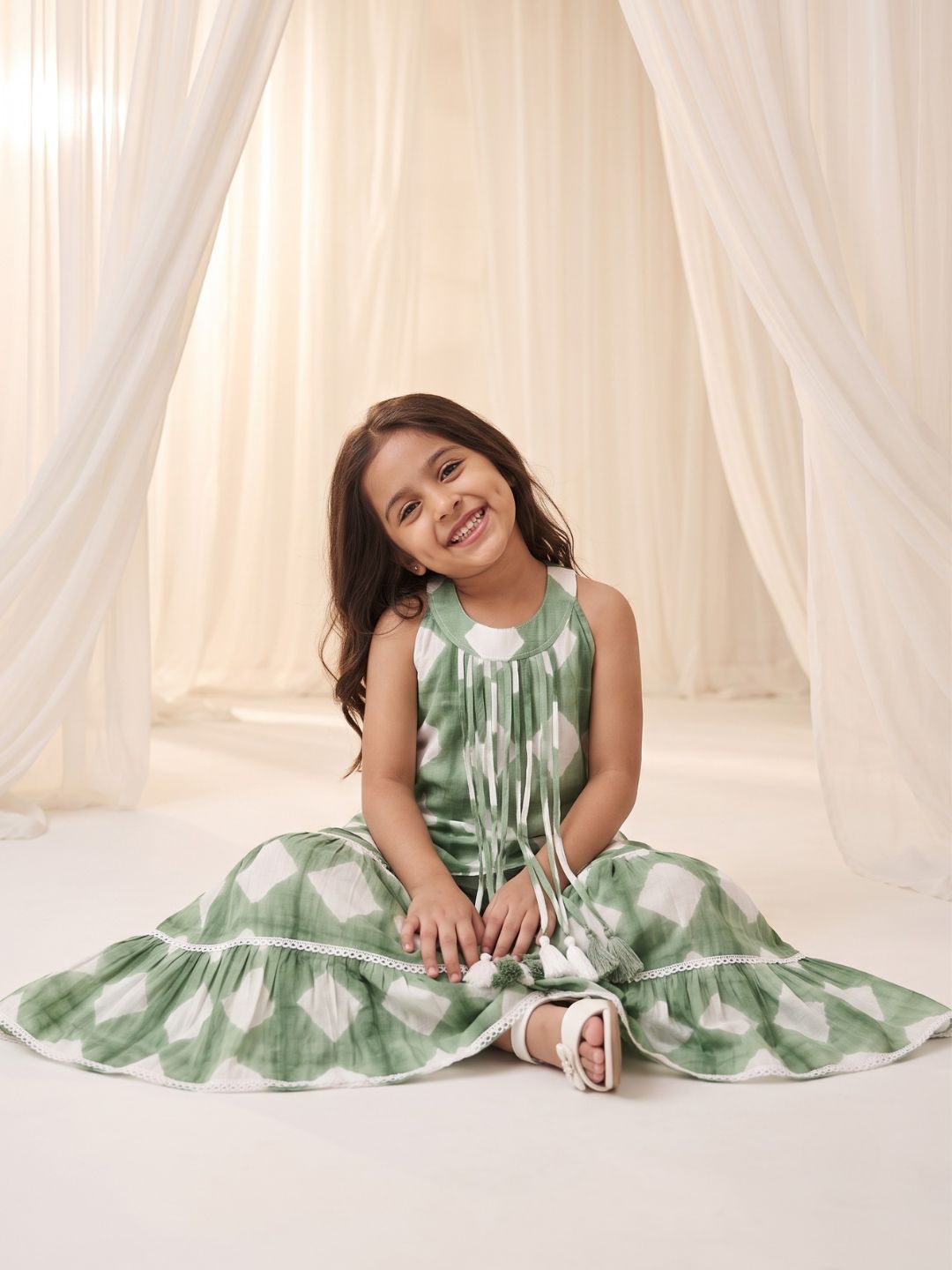 AJ Dezines Green Shibori Print with Front Dori and Tassels Pure Cotton Girls Suit Set