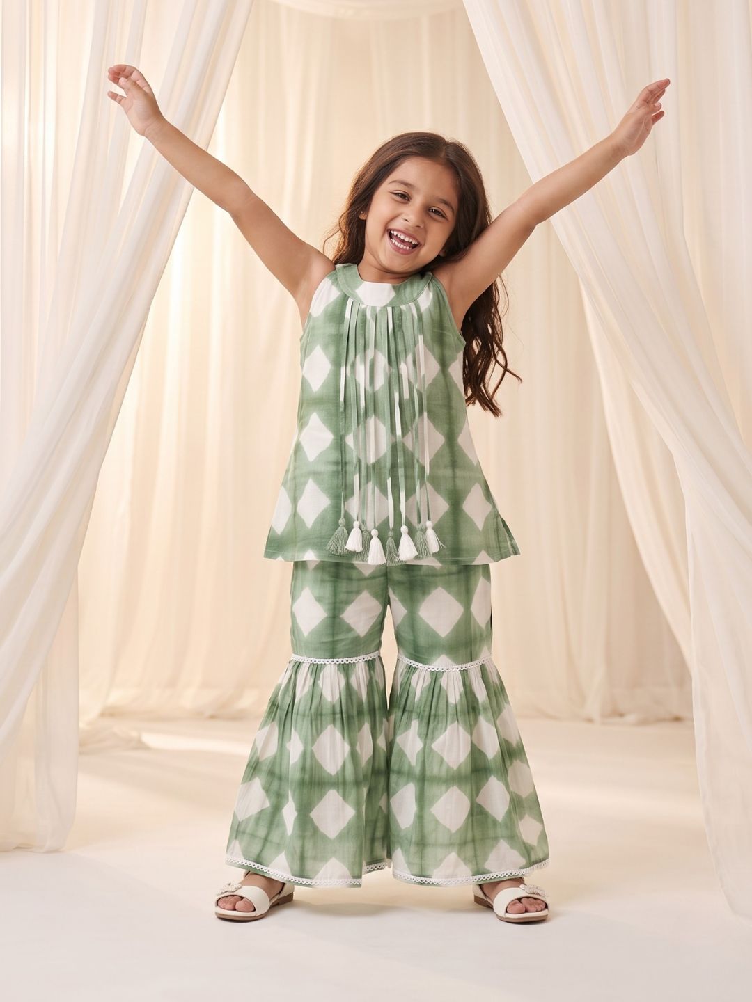 AJ Dezines Green Shibori Print with Front Dori and Tassels Pure Cotton Girls Suit Set