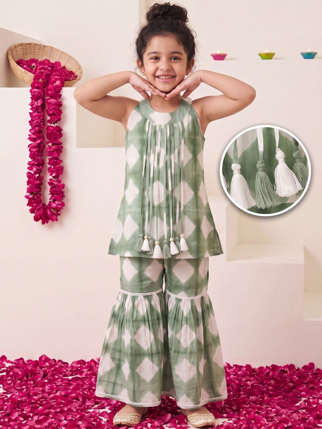 Green Shibori Print with Front Dori and Tassels Pure Cotton Girls Suit Set