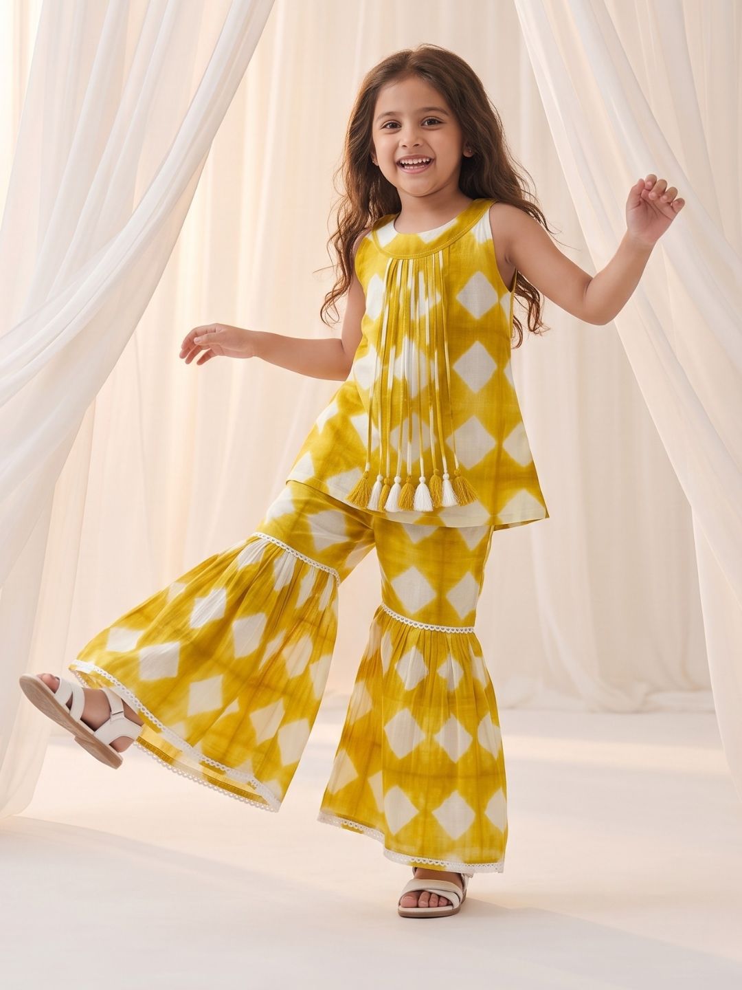 AJ Dezines Mustard Shibori Print with Front Dori and Tassels Pure Cotton Girls Suit Set