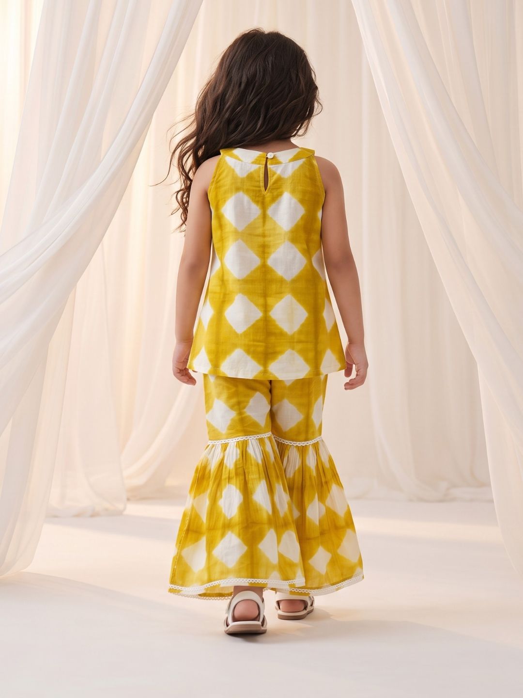 AJ Dezines Mustard Shibori Print with Front Dori and Tassels Pure Cotton Girls Suit Set