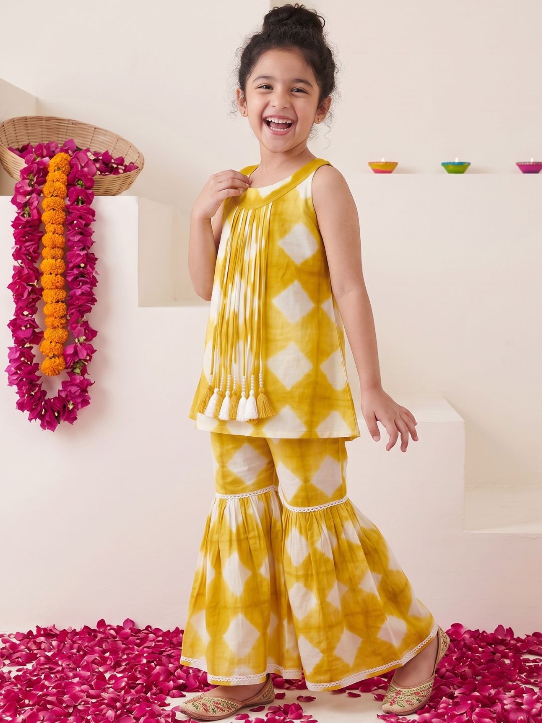 Mustard Shibori Print with Front Dori and Tassels Pure Cotton Girls Suit Set
