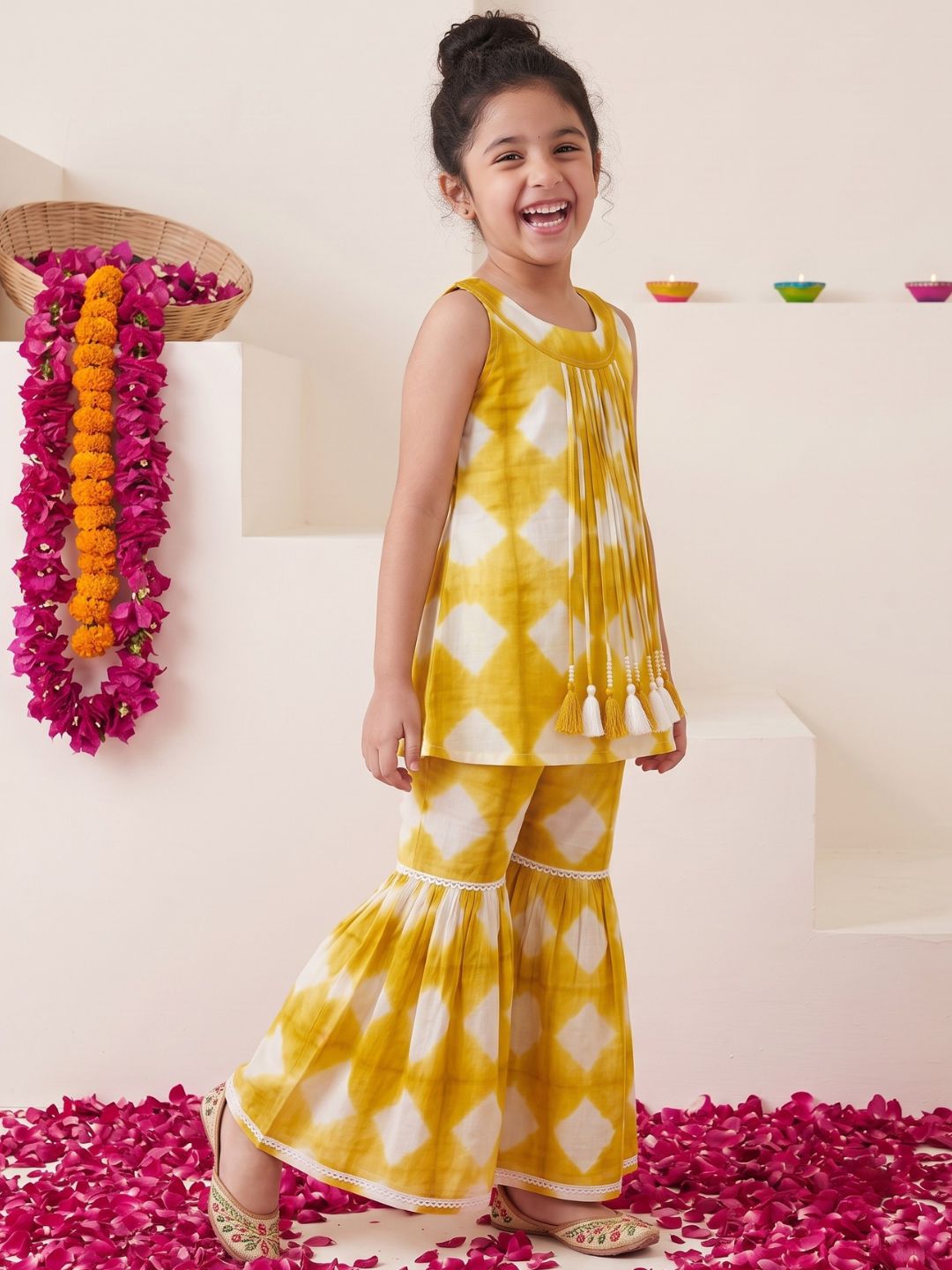 Mustard Shibori Print with Front Dori and Tassels Pure Cotton Girls Suit Set