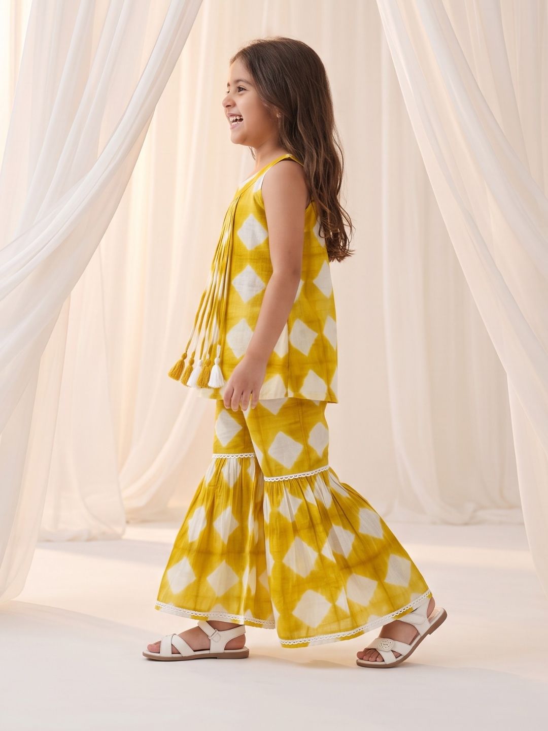 AJ Dezines Mustard Shibori Print with Front Dori and Tassels Pure Cotton Girls Suit Set