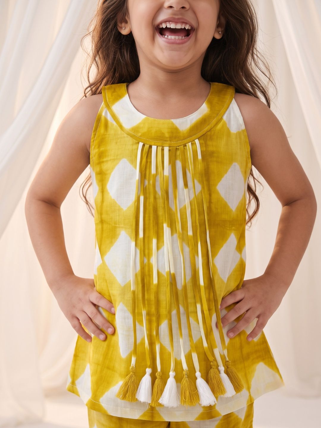 AJ Dezines Mustard Shibori Print with Front Dori and Tassels Pure Cotton Girls Suit Set