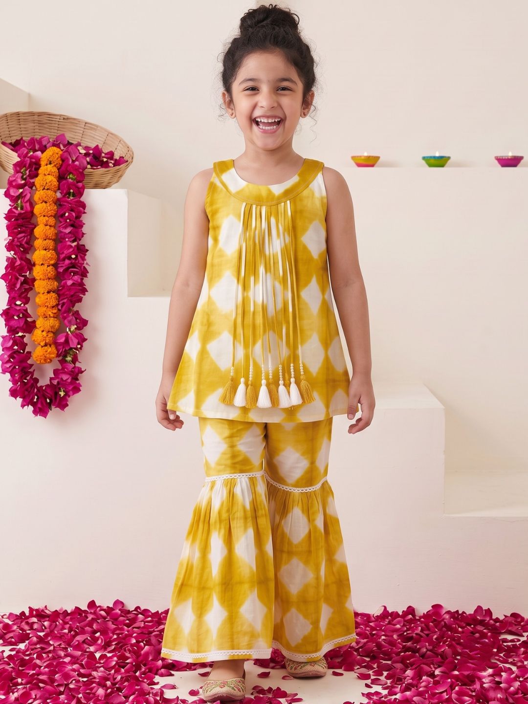 Mustard Shibori Print with Front Dori and Tassels Pure Cotton Girls Suit Set