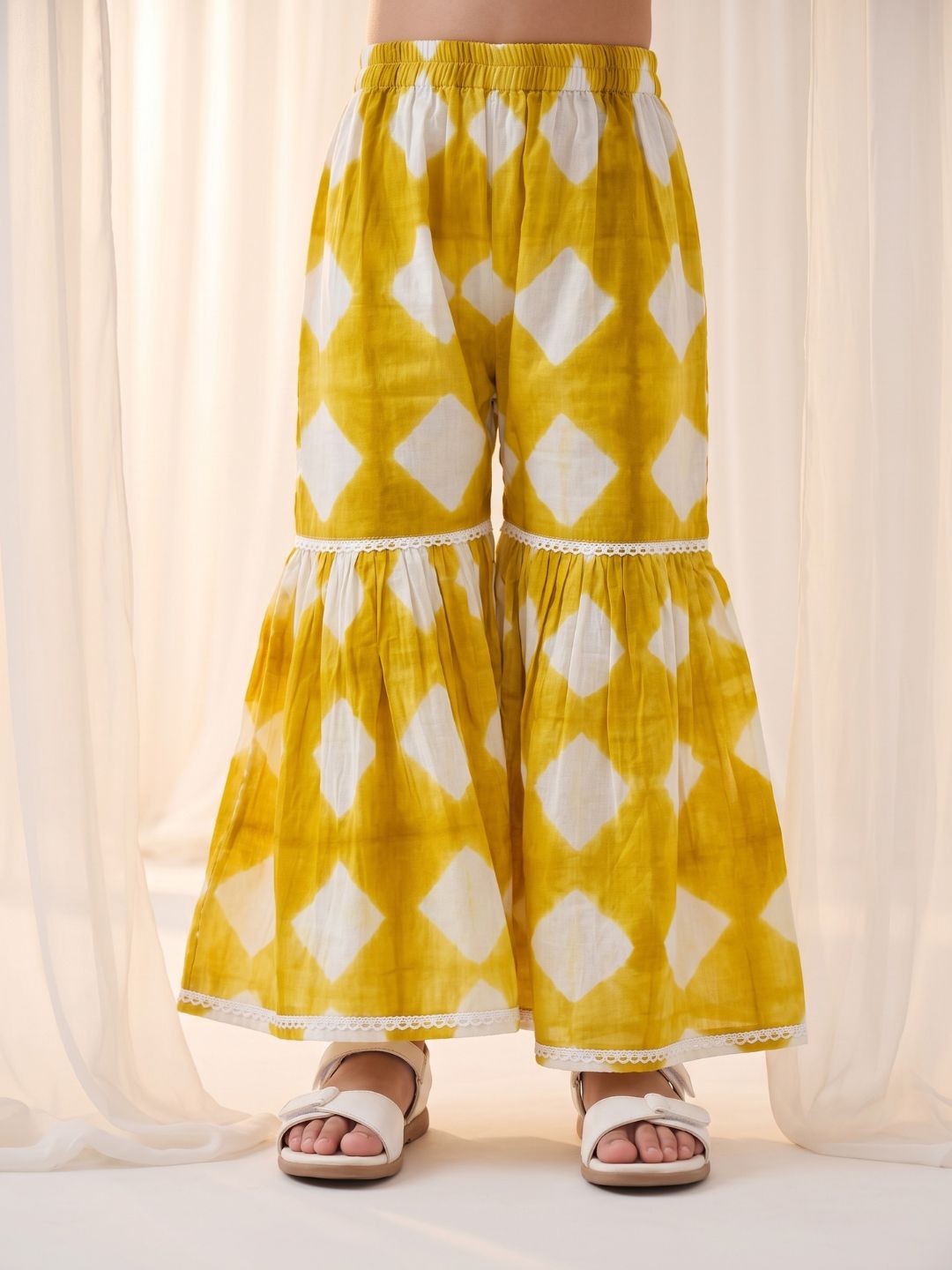 AJ Dezines Mustard Shibori Print with Front Dori and Tassels Pure Cotton Girls Suit Set