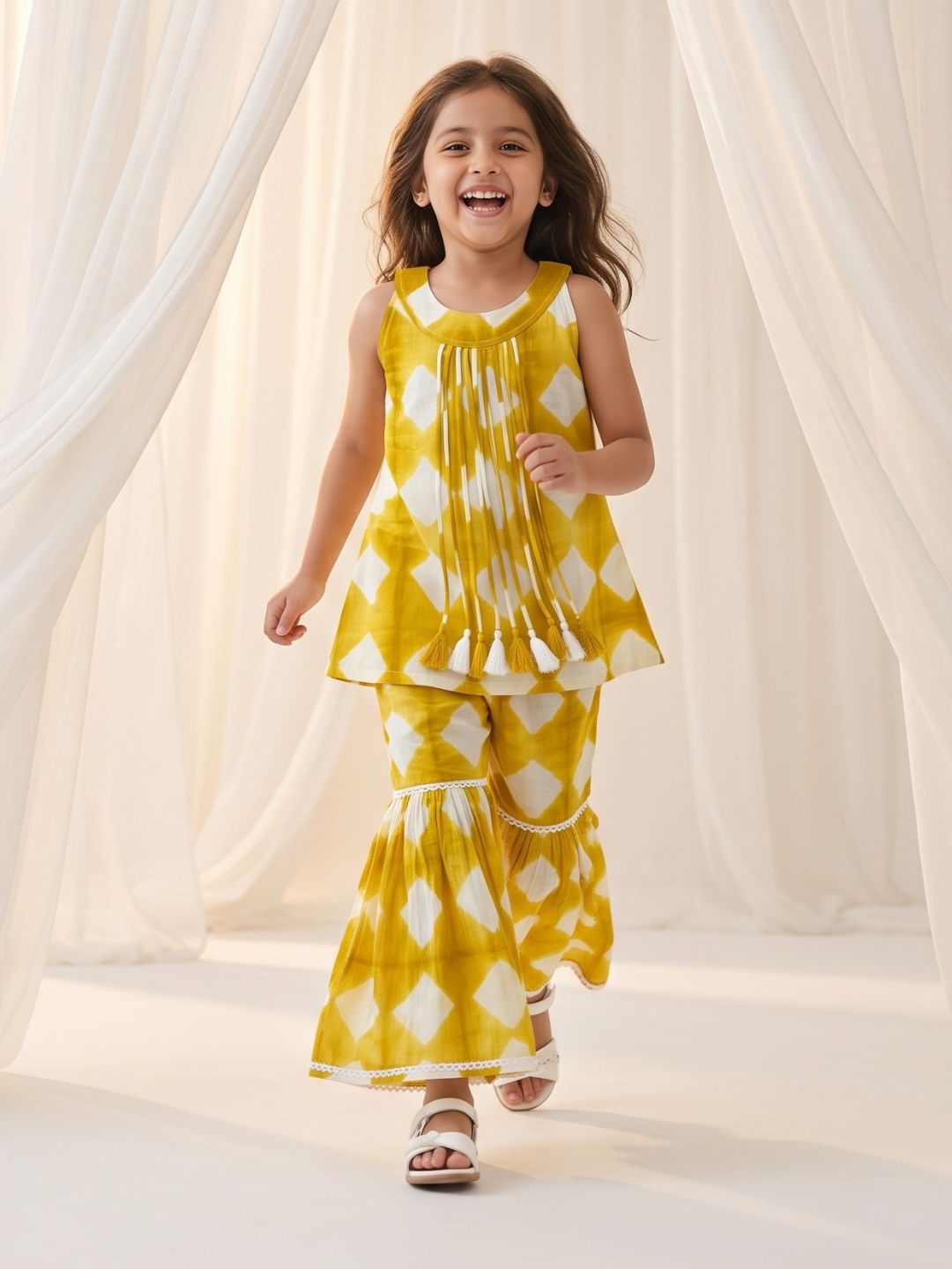 AJ Dezines Mustard Shibori Print with Front Dori and Tassels Pure Cotton Girls Suit Set