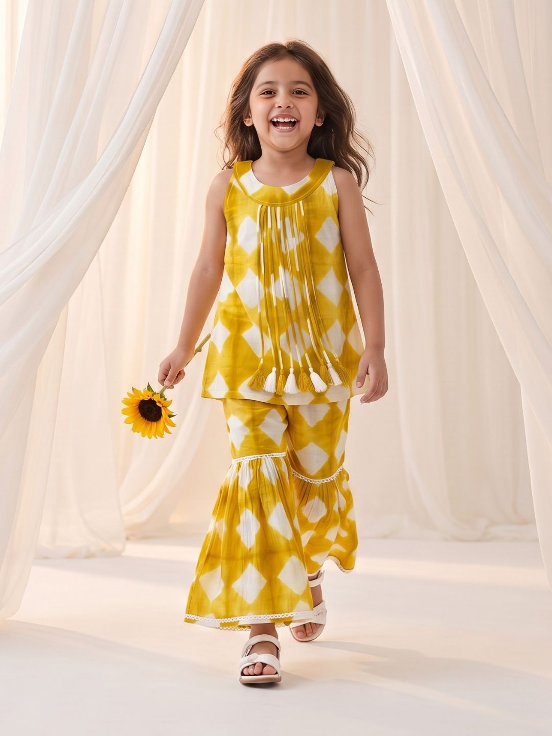 AJ Dezines Mustard Shibori Print with Front Dori and Tassels Pure Cotton Girls Suit Set