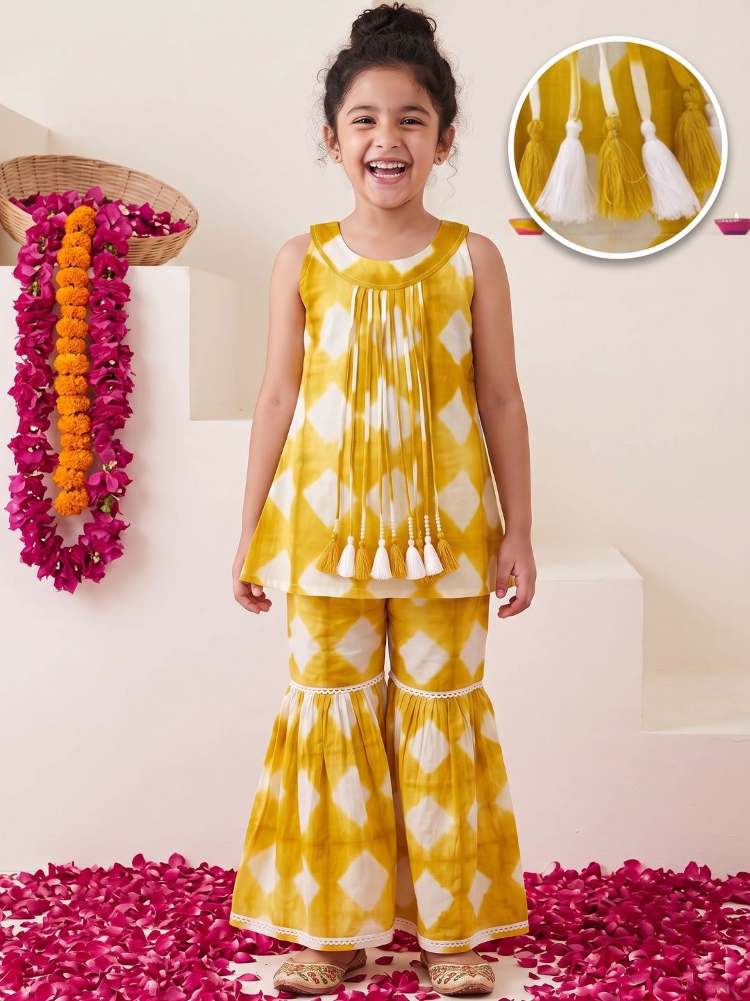 Mustard Shibori Print with Front Dori and Tassels Pure Cotton Girls Suit Set