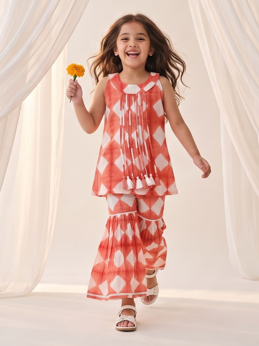 AJ Dezines Orange Shibori Print with Front Dori and Tassels Pure Cotton Girls Suit Set