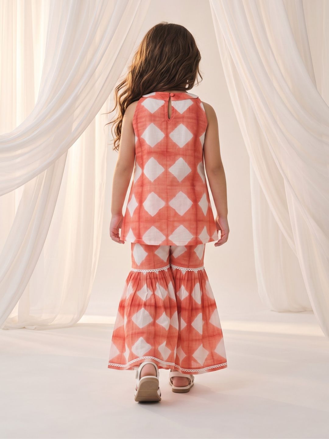 AJ Dezines Orange Shibori Print with Front Dori and Tassels Pure Cotton Girls Suit Set