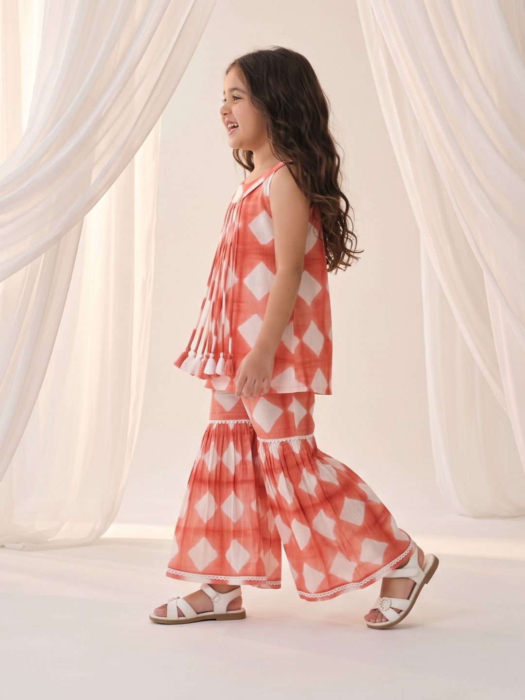 AJ Dezines Orange Shibori Print with Front Dori and Tassels Pure Cotton Girls Suit Set