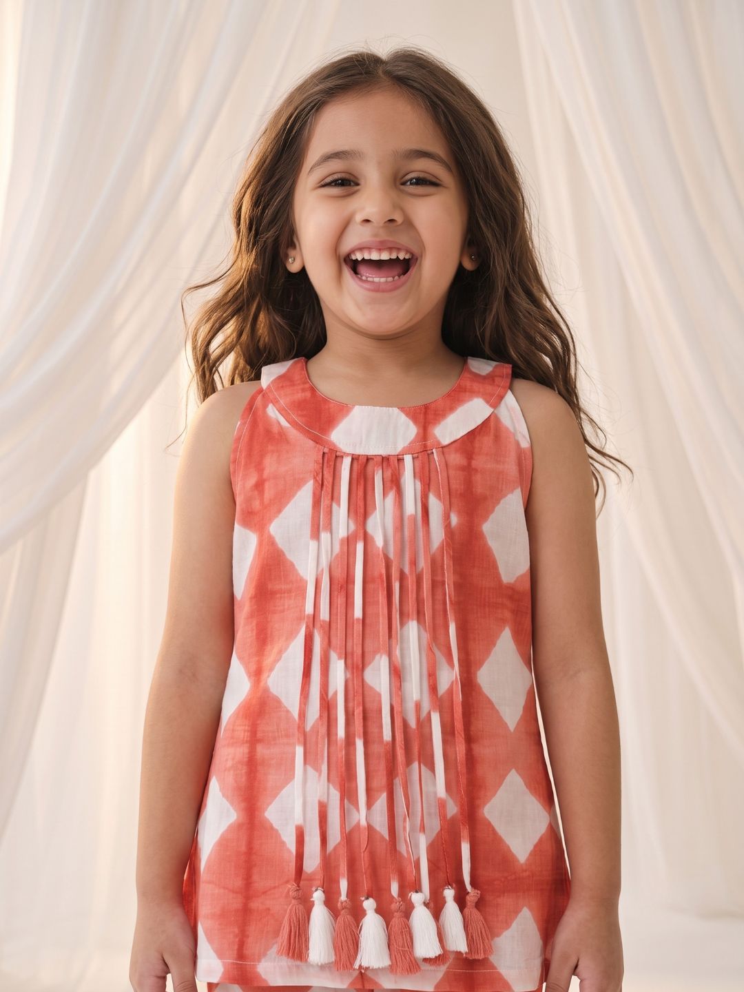 AJ Dezines Orange Shibori Print with Front Dori and Tassels Pure Cotton Girls Suit Set