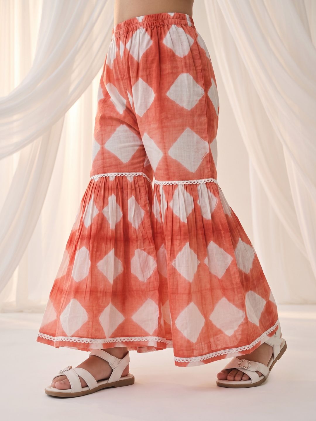 AJ Dezines Orange Shibori Print with Front Dori and Tassels Pure Cotton Girls Suit Set
