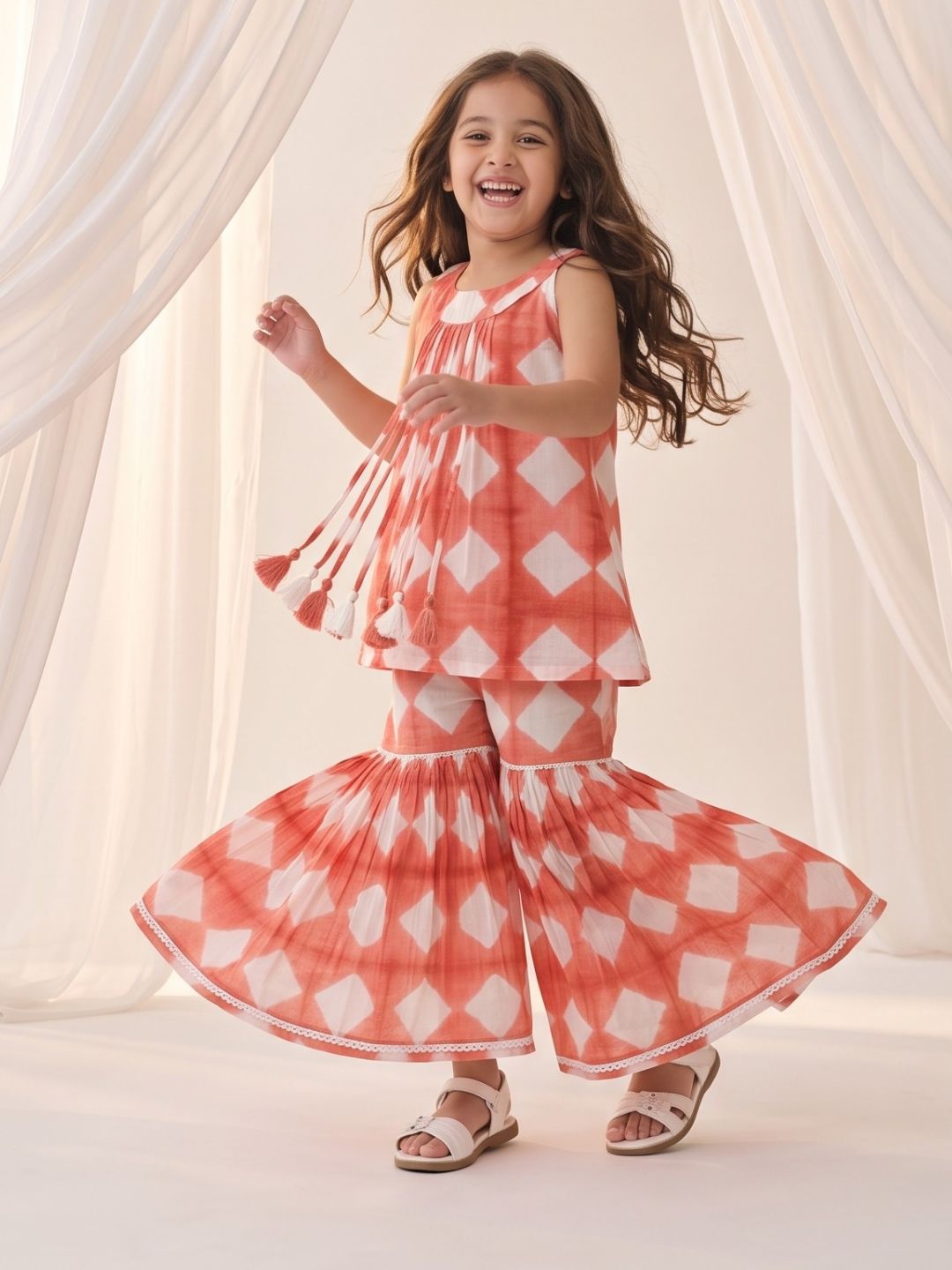AJ Dezines Orange Shibori Print with Front Dori and Tassels Pure Cotton Girls Suit Set