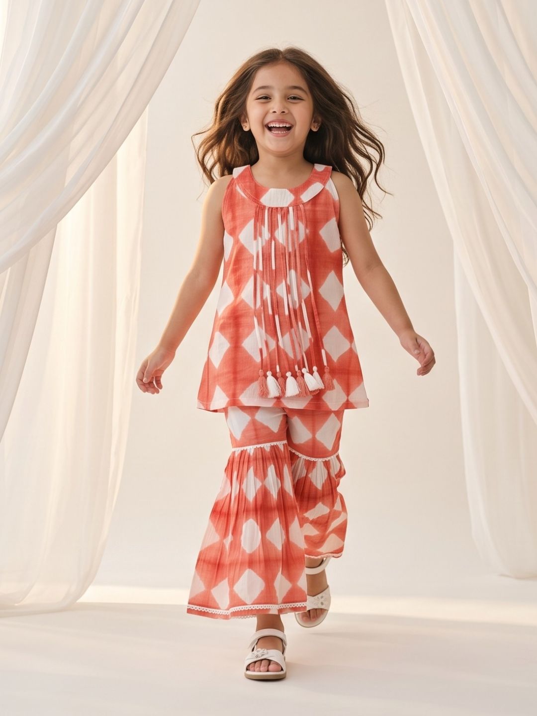AJ Dezines Orange Shibori Print with Front Dori and Tassels Pure Cotton Girls Suit Set