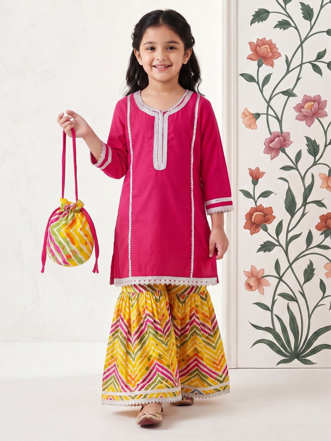AJ Dezines Pink Solid with lace Pure Cotton Girls Suit Set With Potli Bag