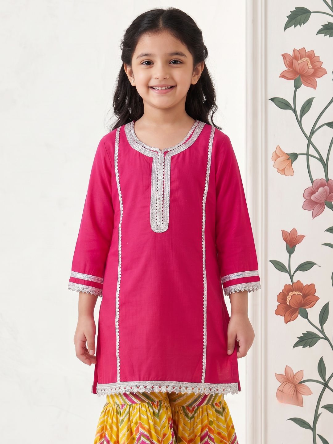 AJ Dezines Pink Solid with lace Pure Cotton Girls Suit Set With Potli Bag