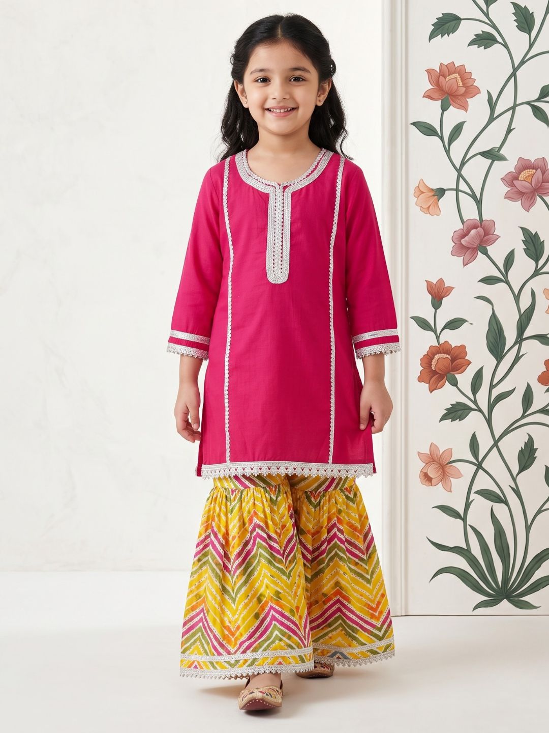AJ Dezines Pink Solid with lace Pure Cotton Girls Suit Set With Potli Bag