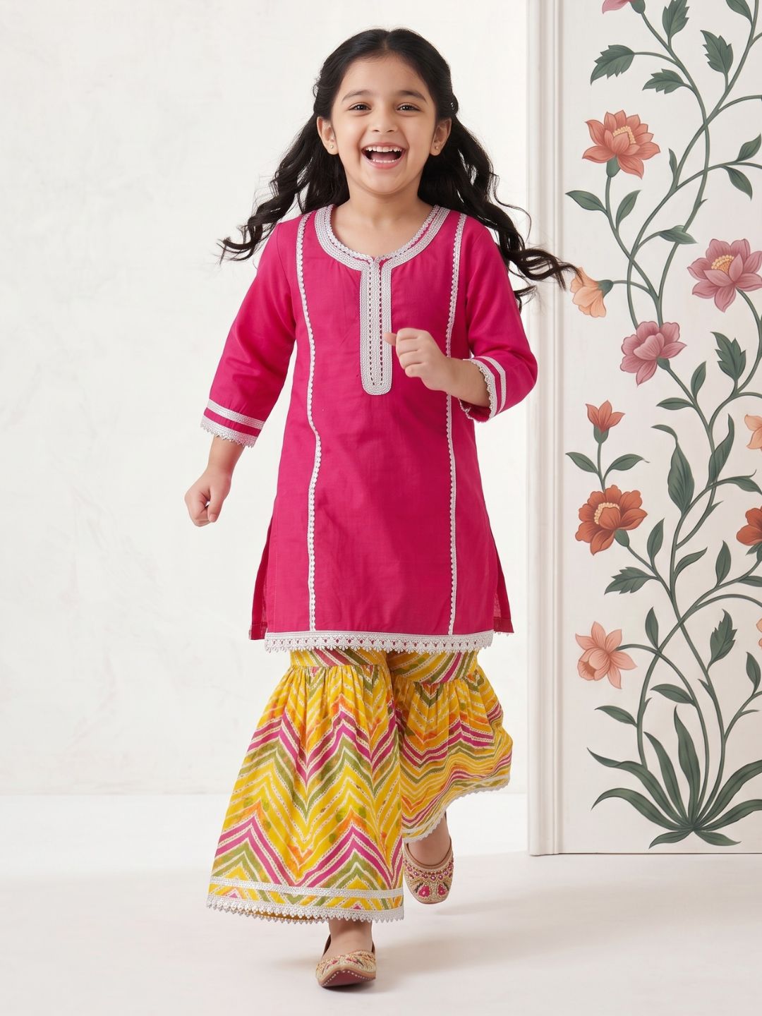 AJ Dezines Pink Solid with lace Pure Cotton Girls Suit Set With Potli Bag