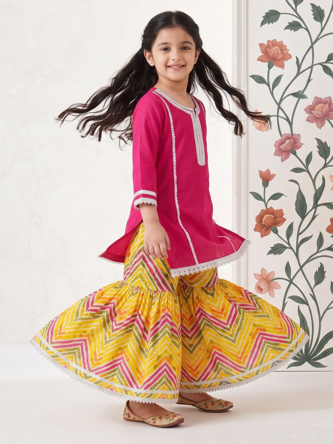 AJ Dezines Pink Solid with lace Pure Cotton Girls Suit Set With Potli Bag