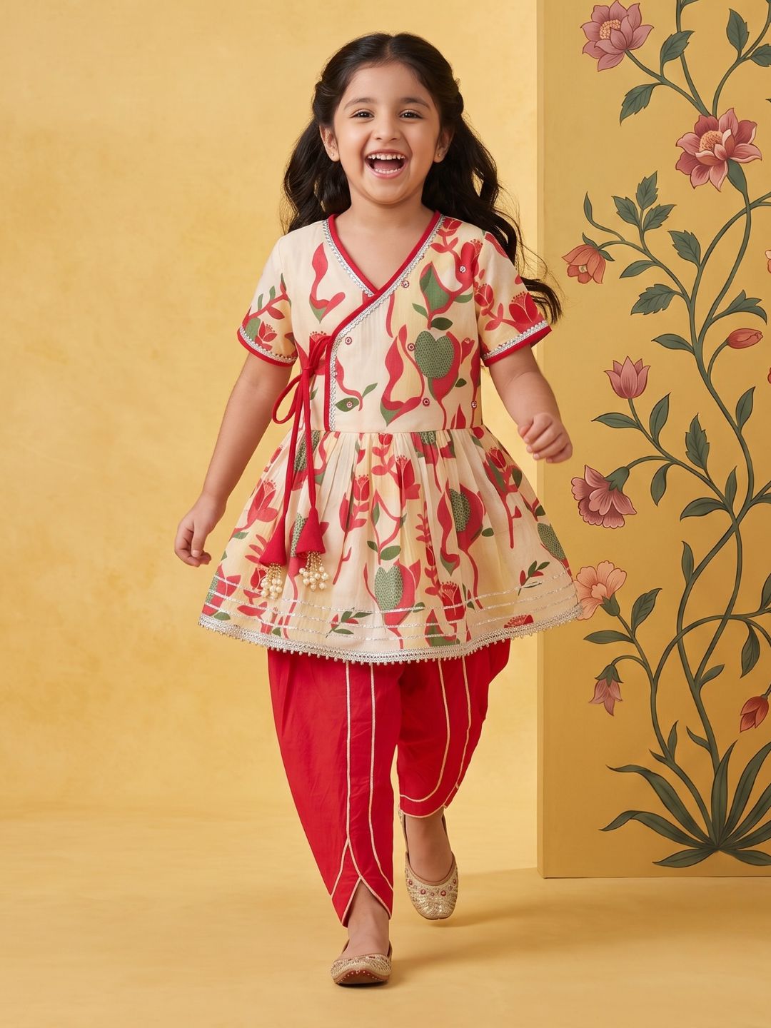 AJ Dezines Red Floral Print Pure Cotton Girls Suit Set