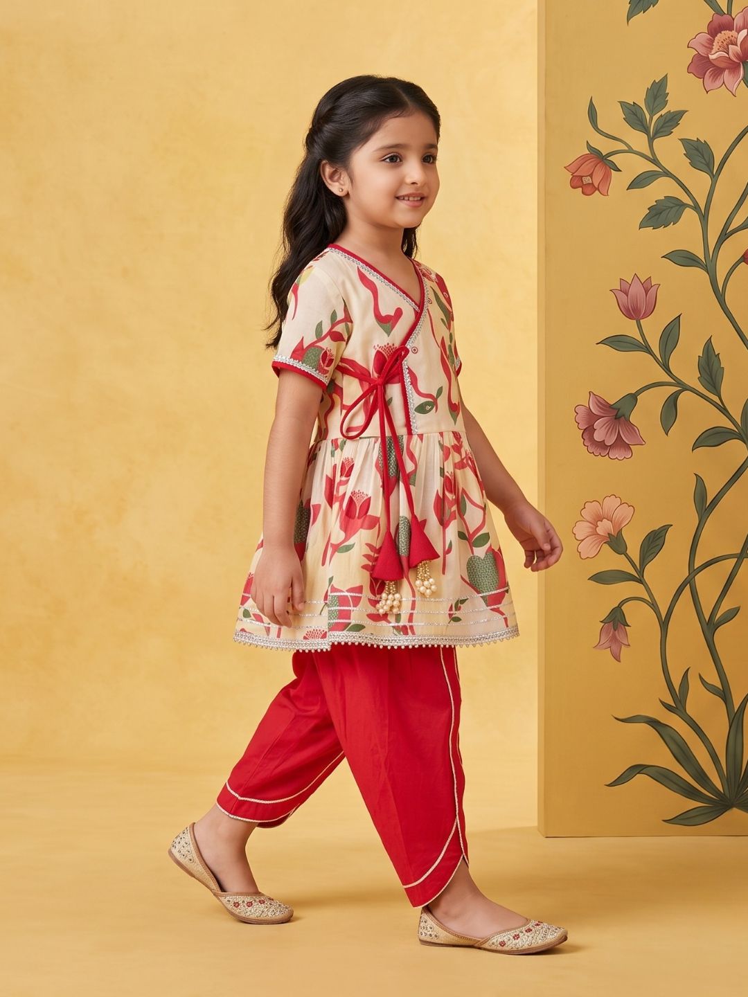 AJ Dezines Red Floral Print Pure Cotton Girls Suit Set