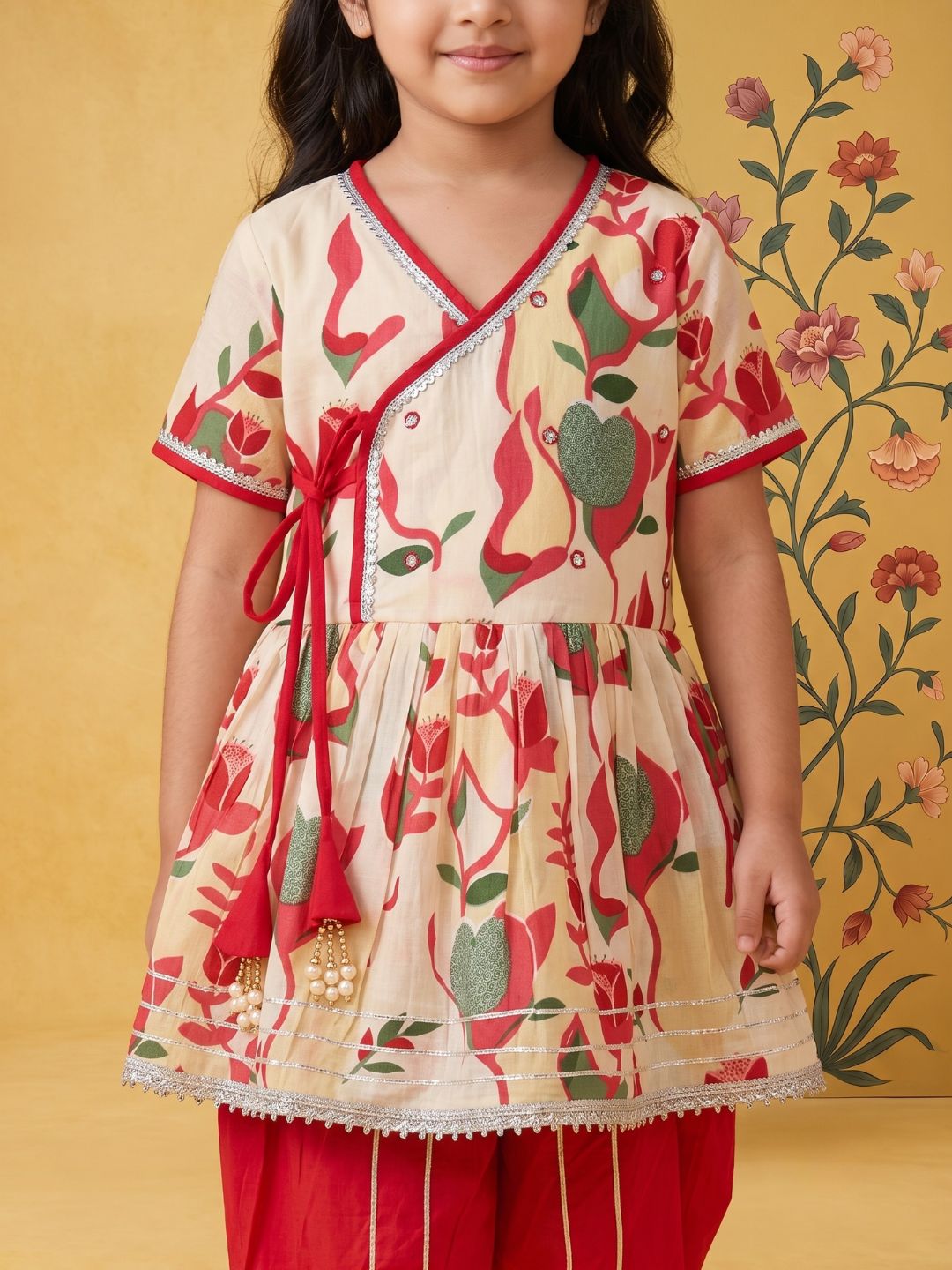 AJ Dezines Red Floral Print Pure Cotton Girls Suit Set