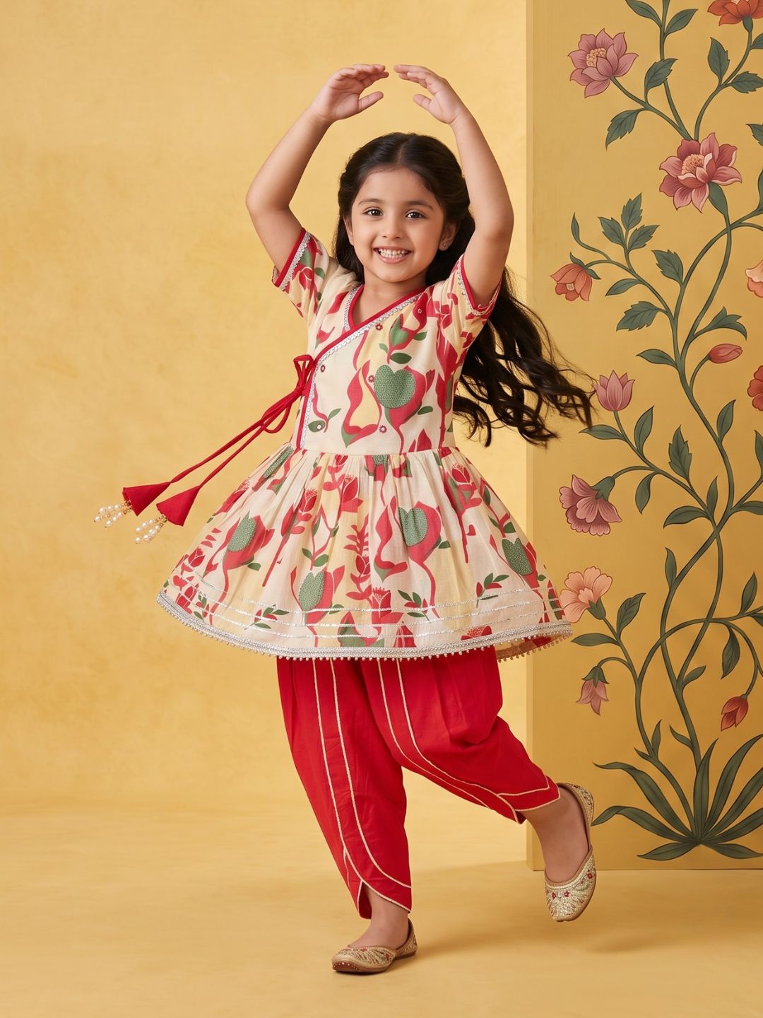 AJ Dezines Red Floral Print Pure Cotton Girls Suit Set
