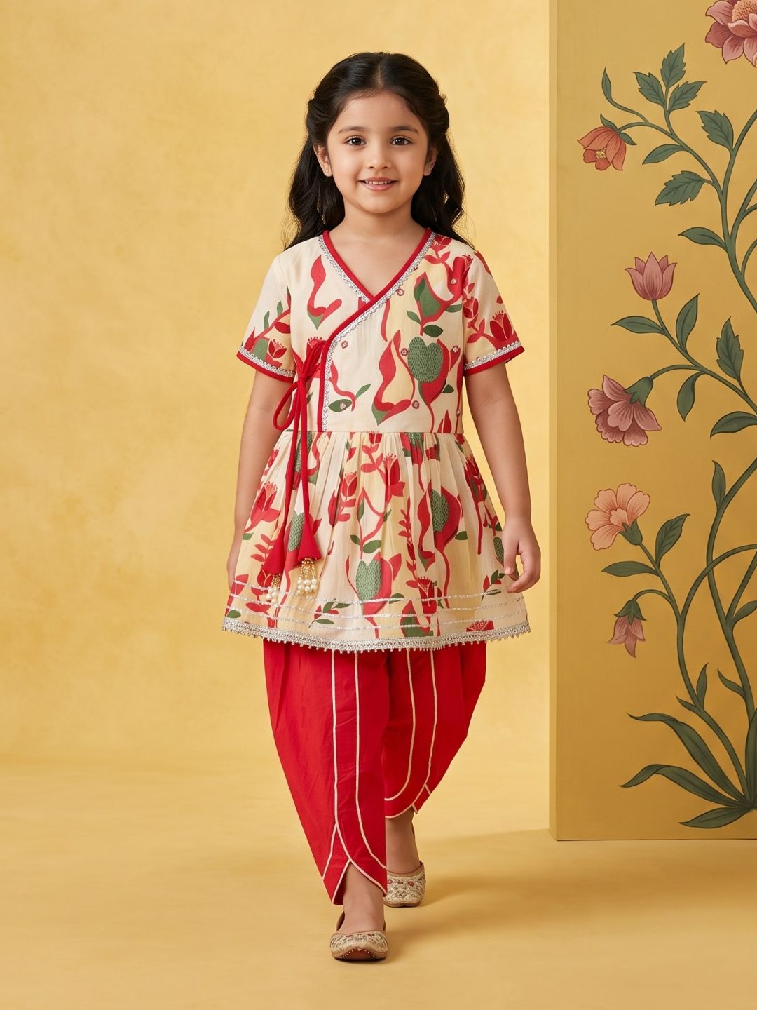 AJ Dezines Red Floral Print Pure Cotton Girls Suit Set