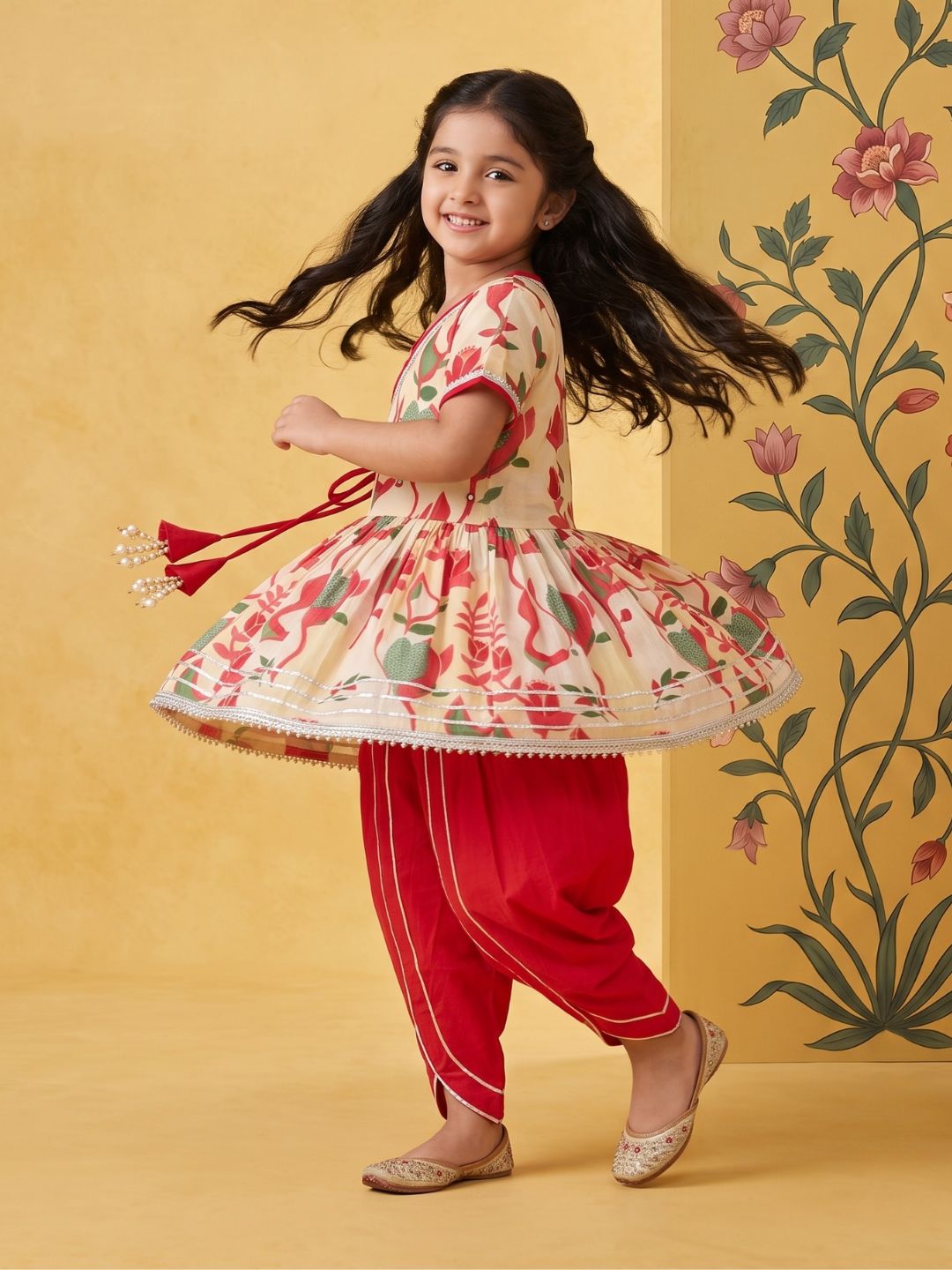 AJ Dezines Red Floral Print Pure Cotton Girls Suit Set