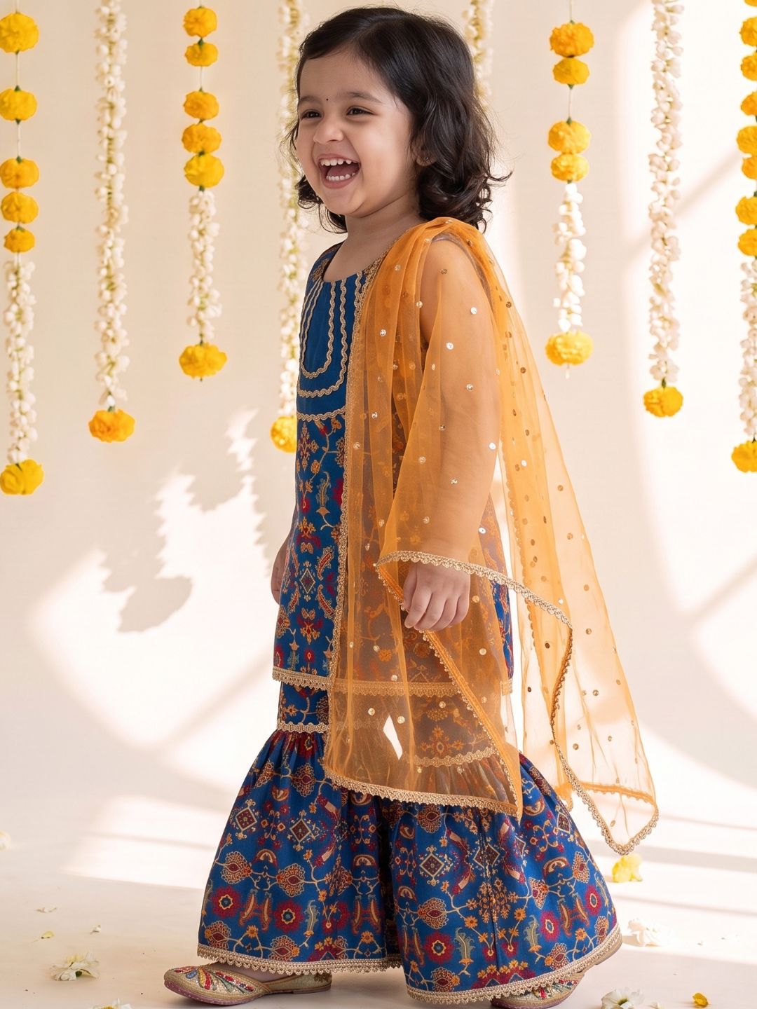 Blue Ethnic Print Cotton Blend Kurti Sharara & Dupatta Set For Girls