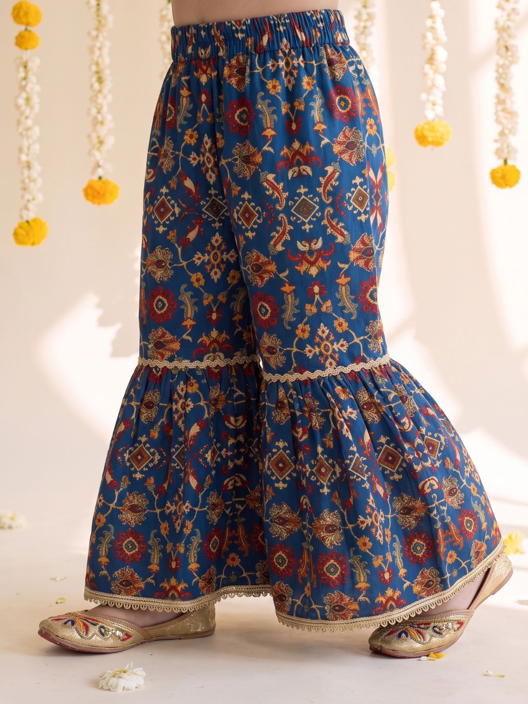 Blue Ethnic Print Cotton Blend Kurti Sharara & Dupatta Set For Girls
