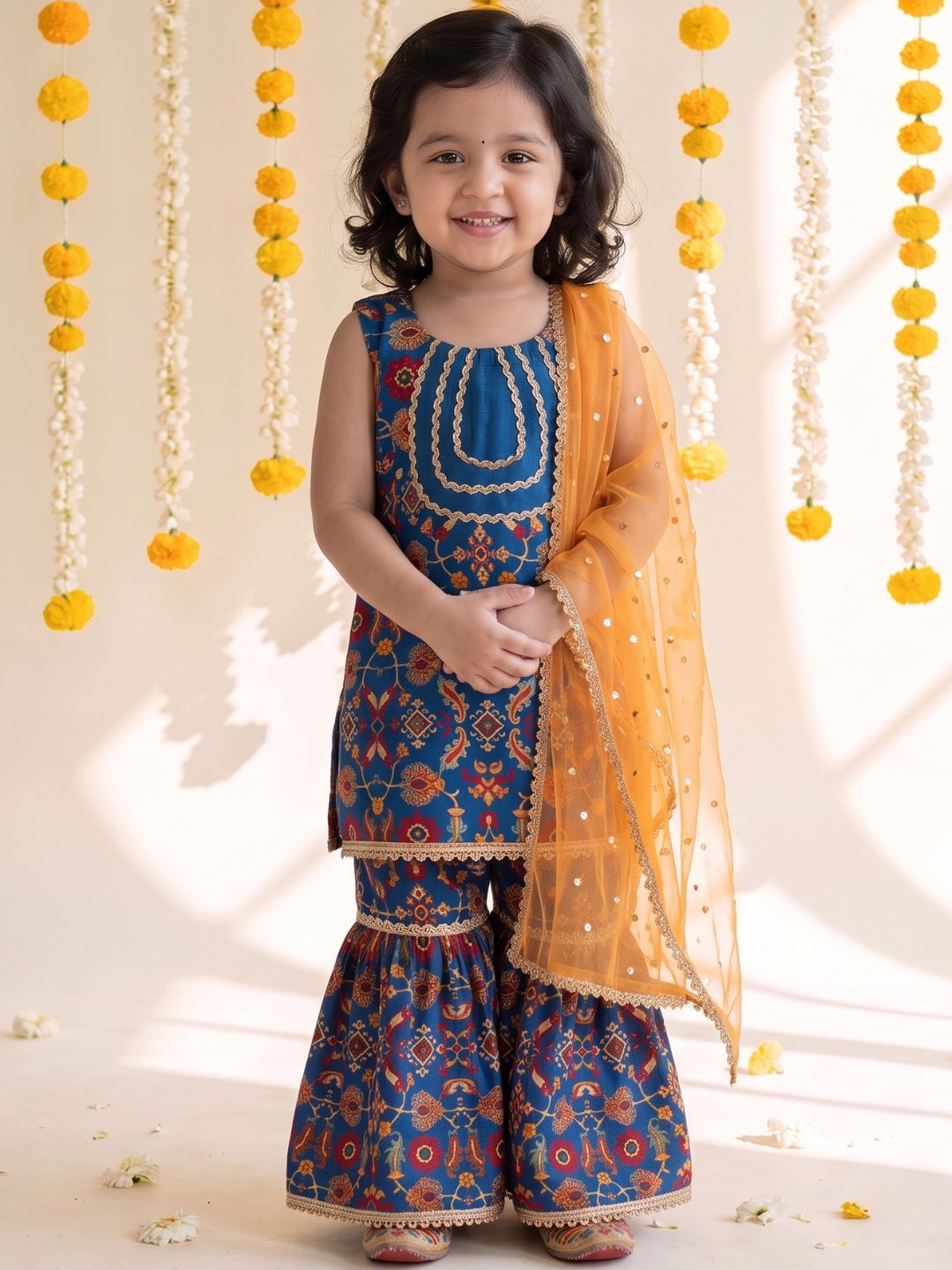 Blue Ethnic Print Cotton Blend Kurti Sharara & Dupatta Set For Girls
