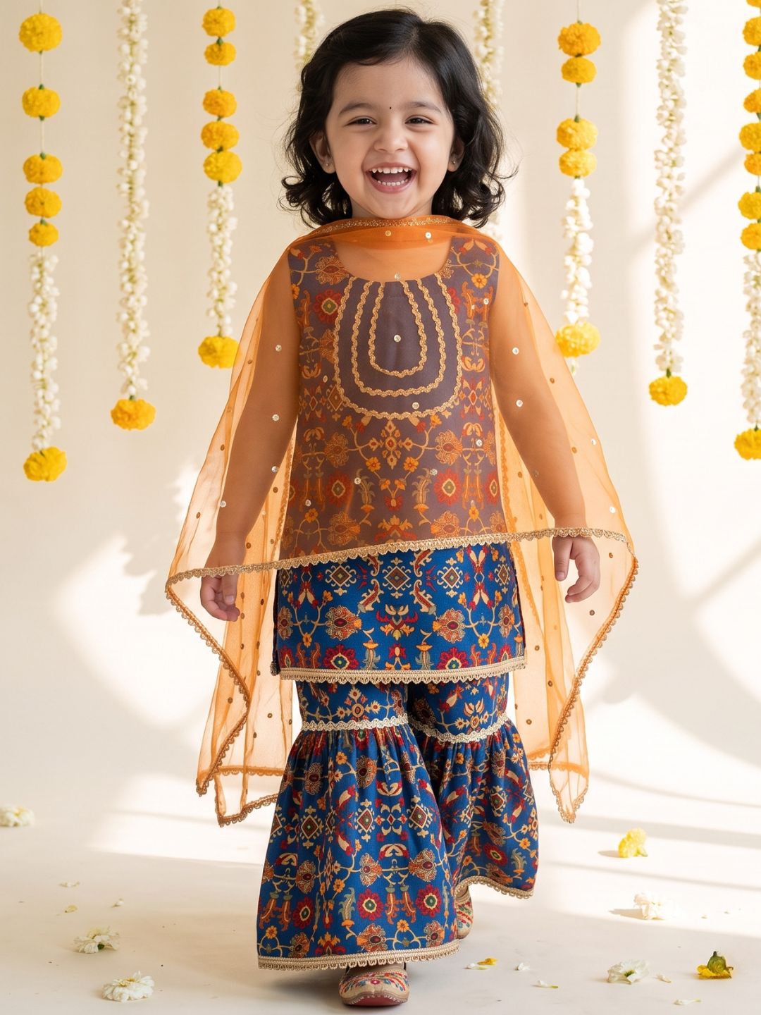 Blue Ethnic Print Cotton Blend Kurti Sharara & Dupatta Set For Girls