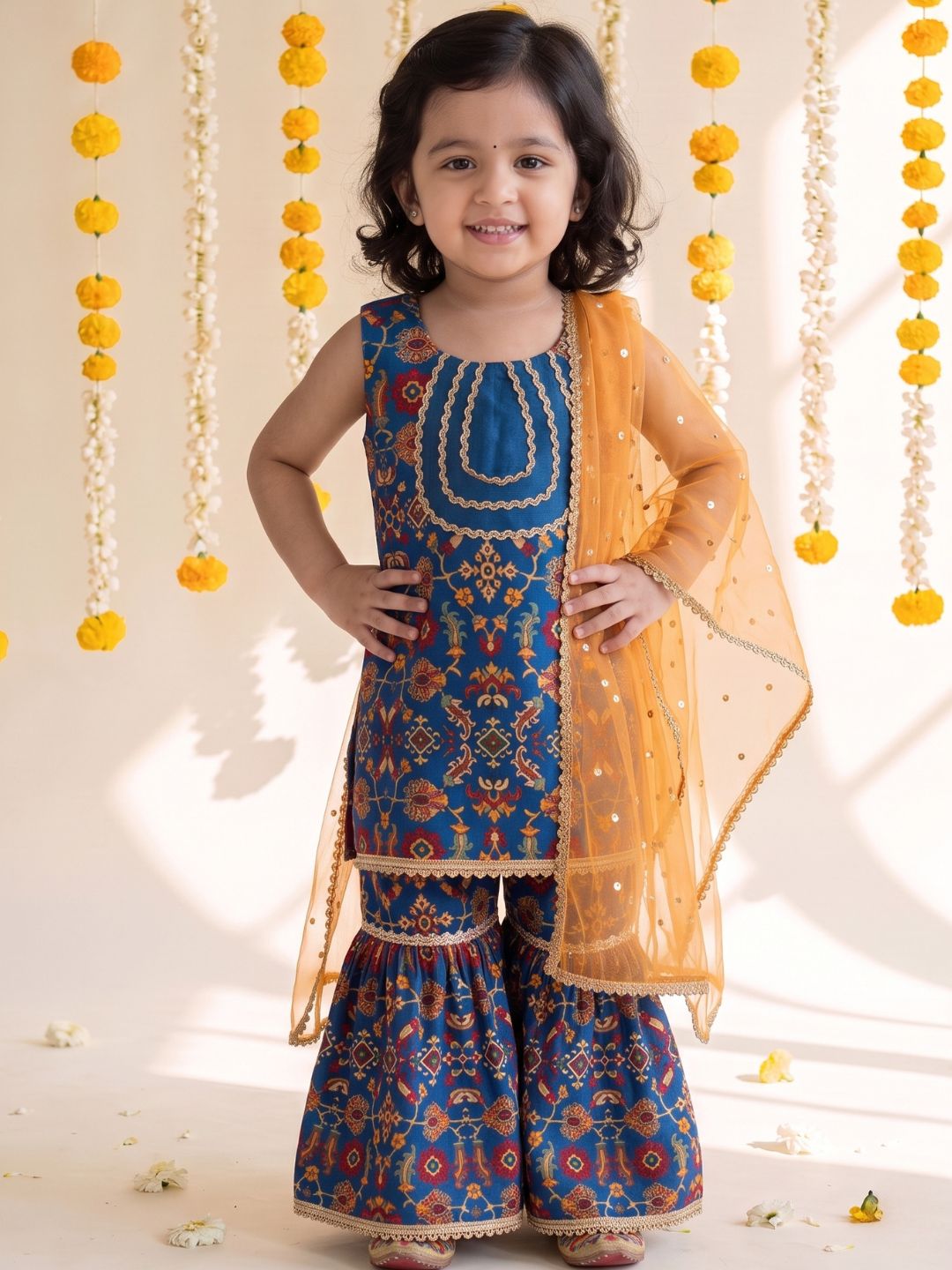 Blue Ethnic Print Cotton Blend Kurti Sharara & Dupatta Set For Girls