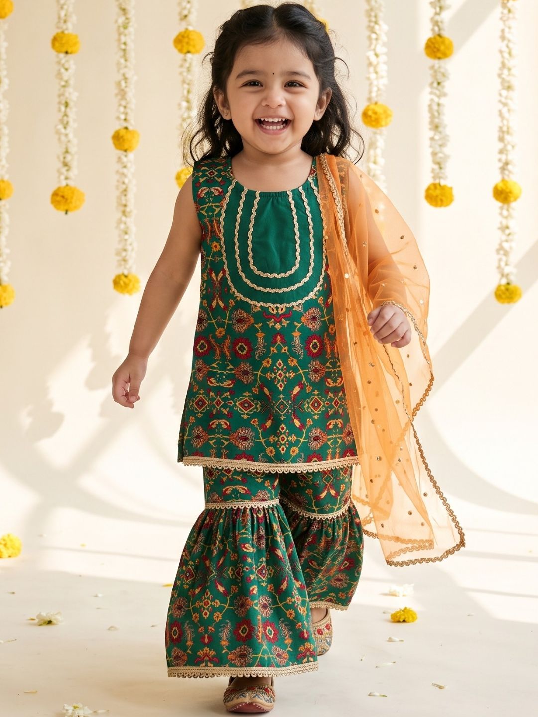 Green Ethnic Print Cotton Blend Kurti Sharara & Dupatta Set For Girls
