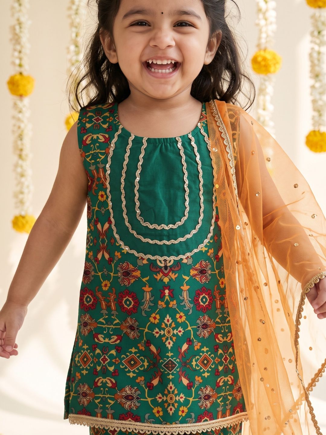 Green Ethnic Print Cotton Blend Kurti Sharara & Dupatta Set For Girls