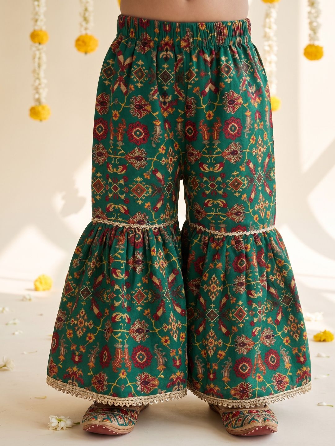 Green Ethnic Print Cotton Blend Kurti Sharara & Dupatta Set For Girls
