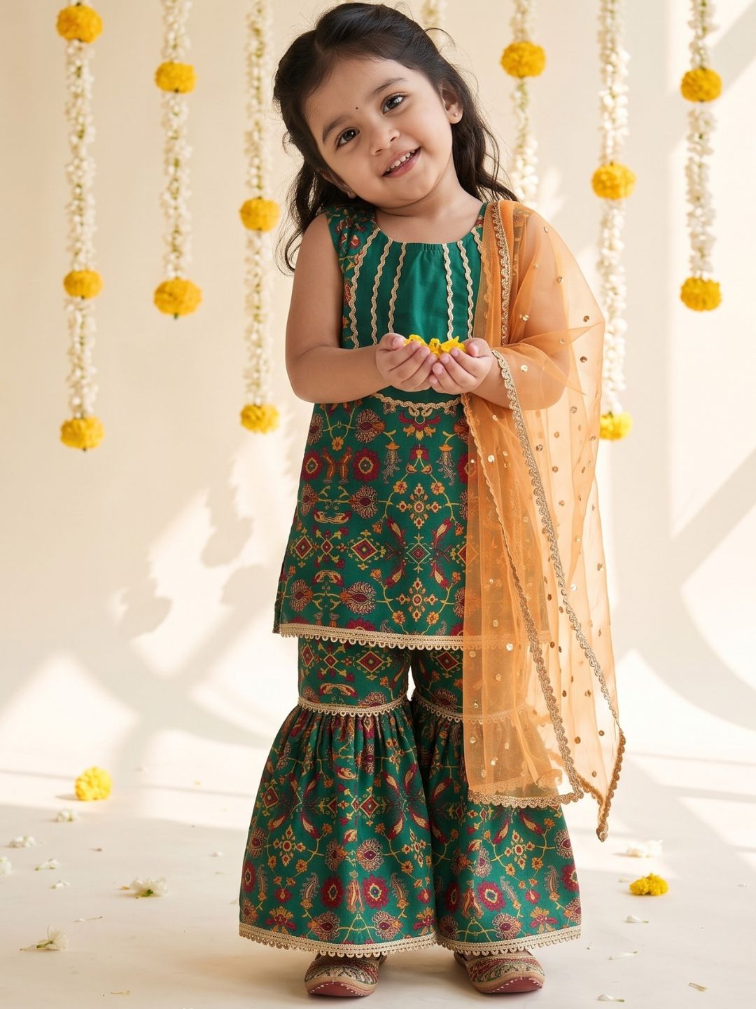 Green Ethnic Print Cotton Blend Kurti Sharara & Dupatta Set For Girls