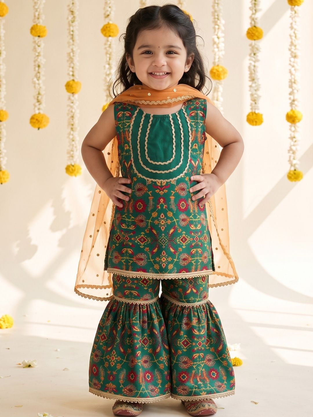 Green Ethnic Print Cotton Blend Kurti Sharara & Dupatta Set For Girls